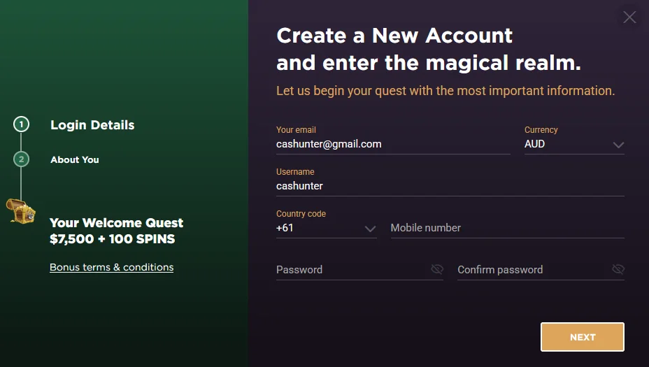Jackpot Jill sign-up form, login details step